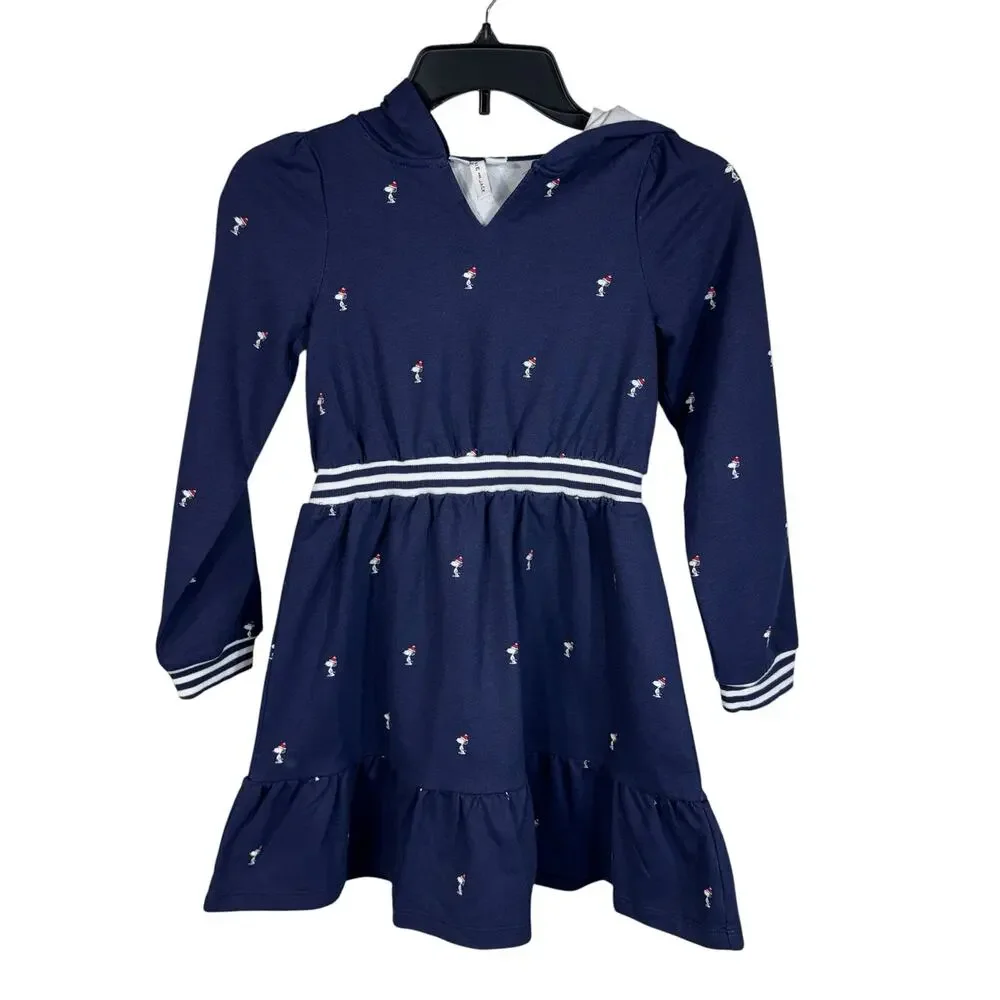 Janie and Jack SZ 8 Dress Peanuts Snoopy Santa Hooded Long Sleeve Pullover Navy